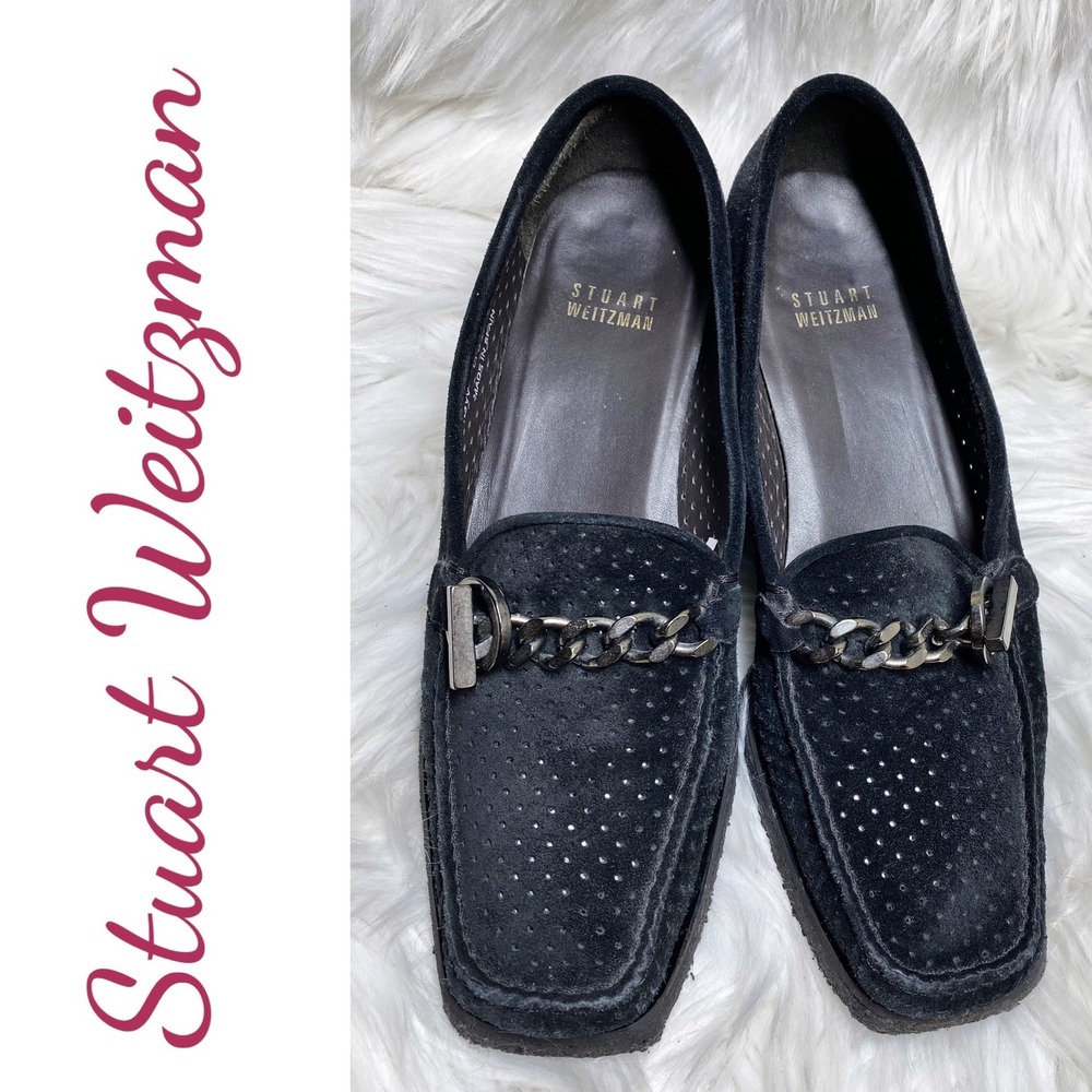 Stuart Weitzman Black Suede Perforated Chain Loafers